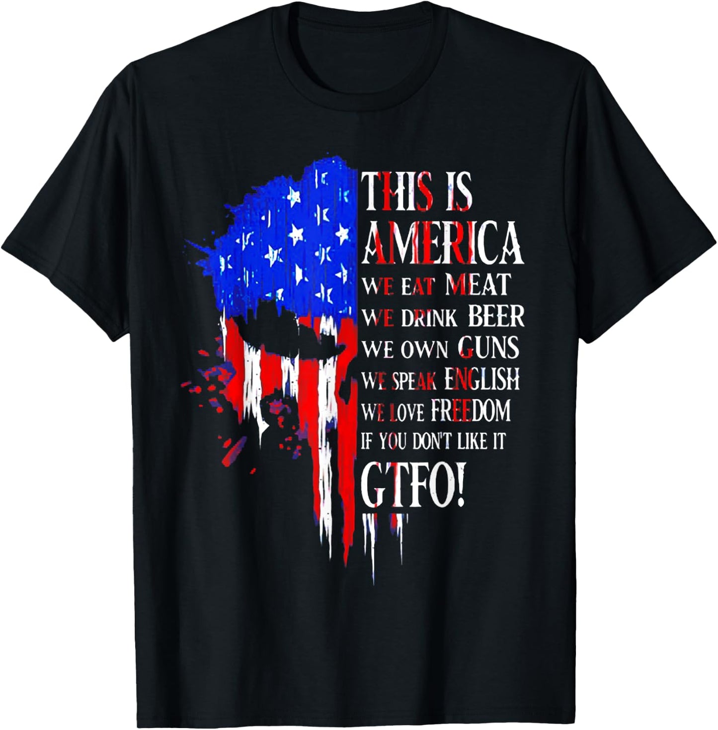 This Is America We Eat Meat We Drink Beer We Own Guns Skull T-Shirt - T-Shirt | Black