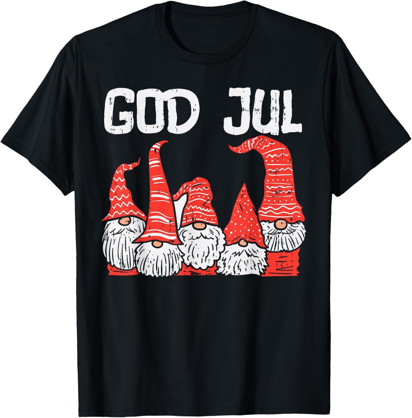 God Jul Three Nordic Gnomes Swedish Norwegian Christmas PJ T-Shirt - T-Shirt | Black