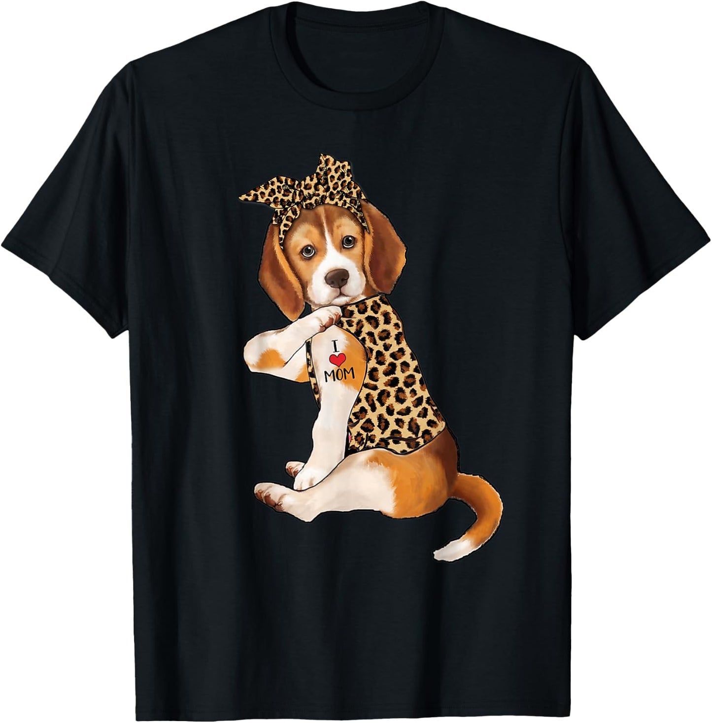 Beagle Dog Lover I Love Mom Tattoo Leopard Mothers Day T-Shirt - T-Shirt | Black