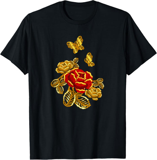 Golden Red Butterfly Flower Plant Florist Gift T-Shirt - T-Shirt | Black