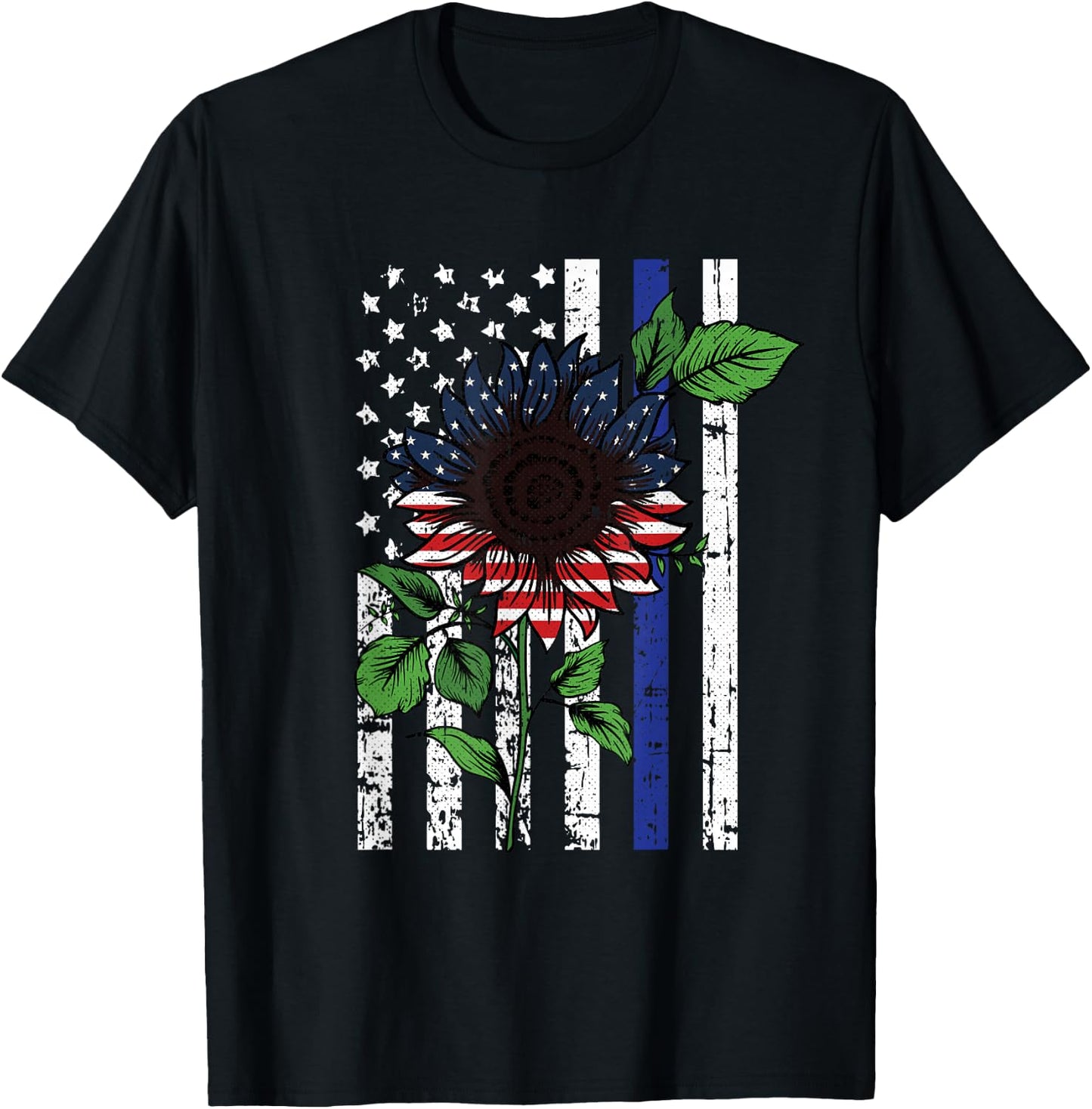 Sunflower American Flag 4th Of July Blue Line USA Police T-Shirt - T-Shirt | Black
