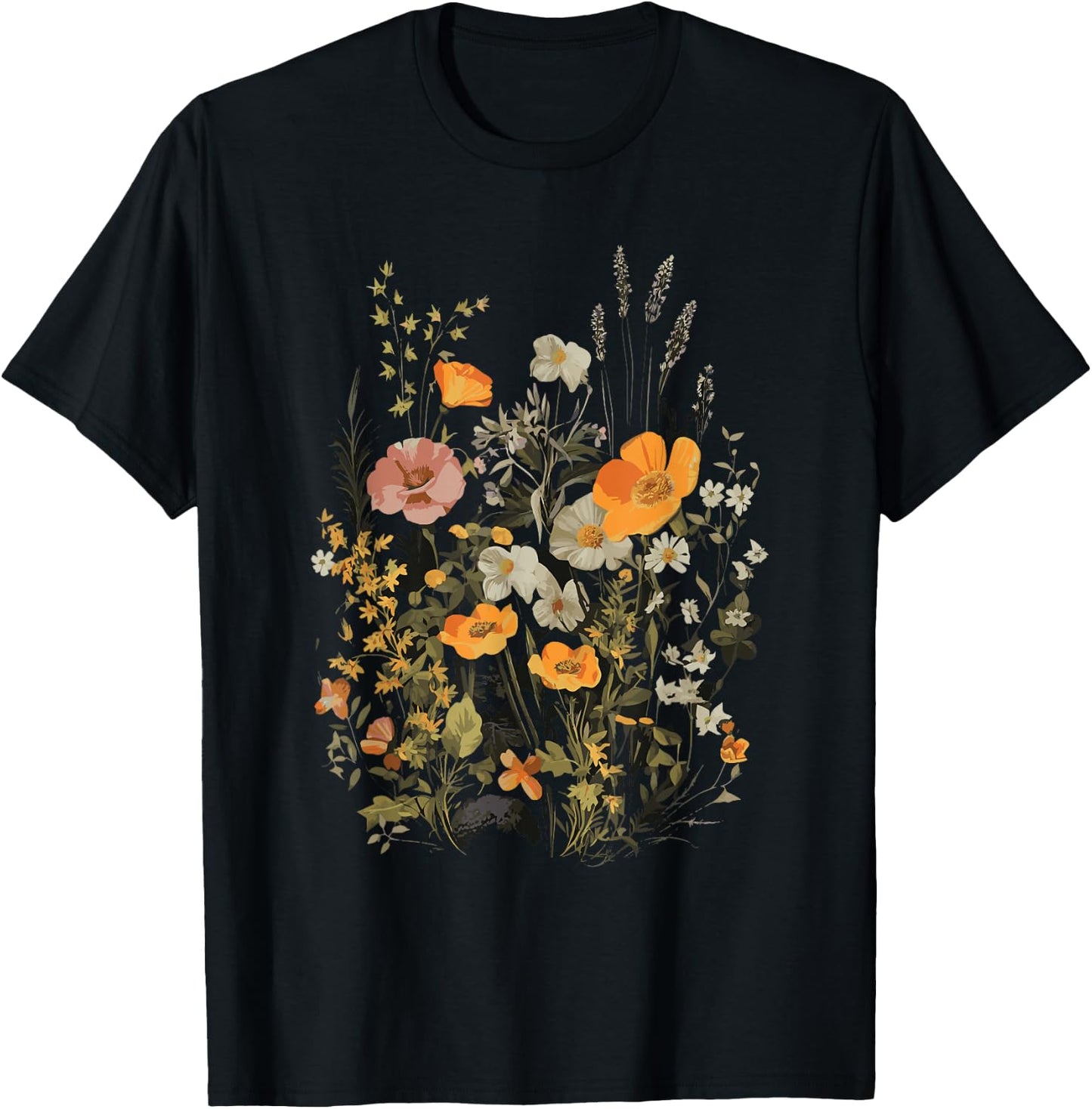 Vintage Flowers Floral Pressed Flower T-Shirt - T-Shirt | Black