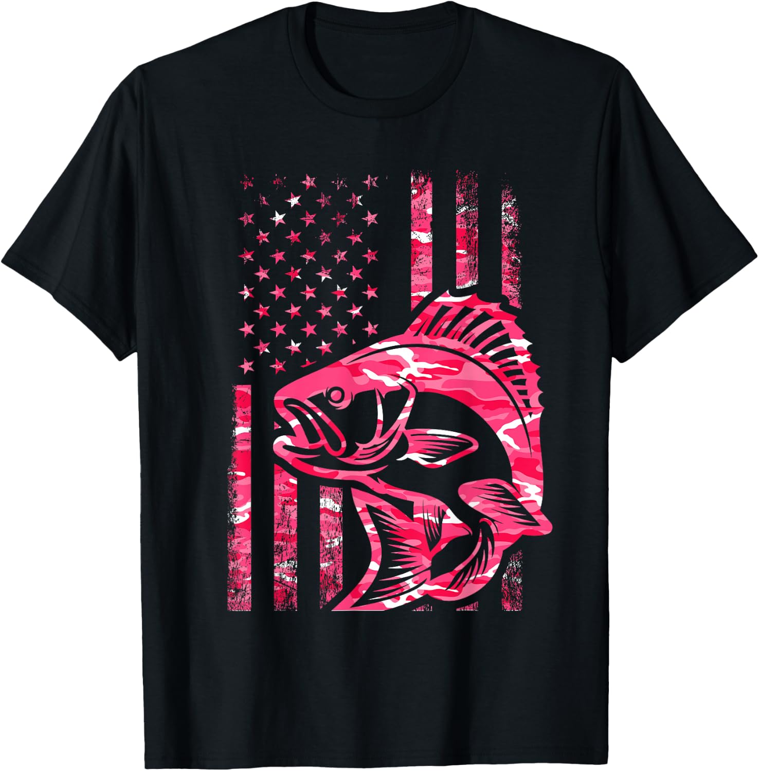 Pink Camo American Flag Fishing Shirt Women Bass Fishing T-Shirt - T-Shirt | Black