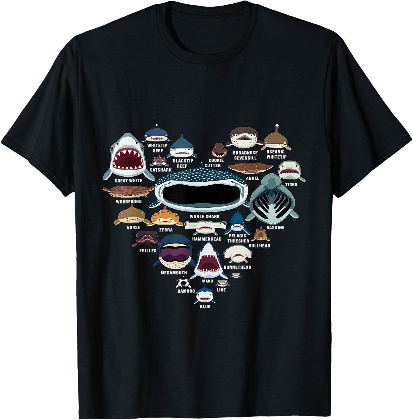 Types Of Shark Identification - Shark Faces - Shark Heart T-Shirt - T-Shirt | Black