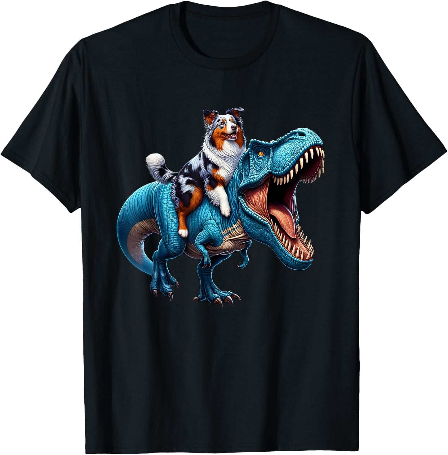 Australian Shepherd Riding T-Rex Dinosaur Funny Dog Lover T-Shirt - T-Shirt | Black