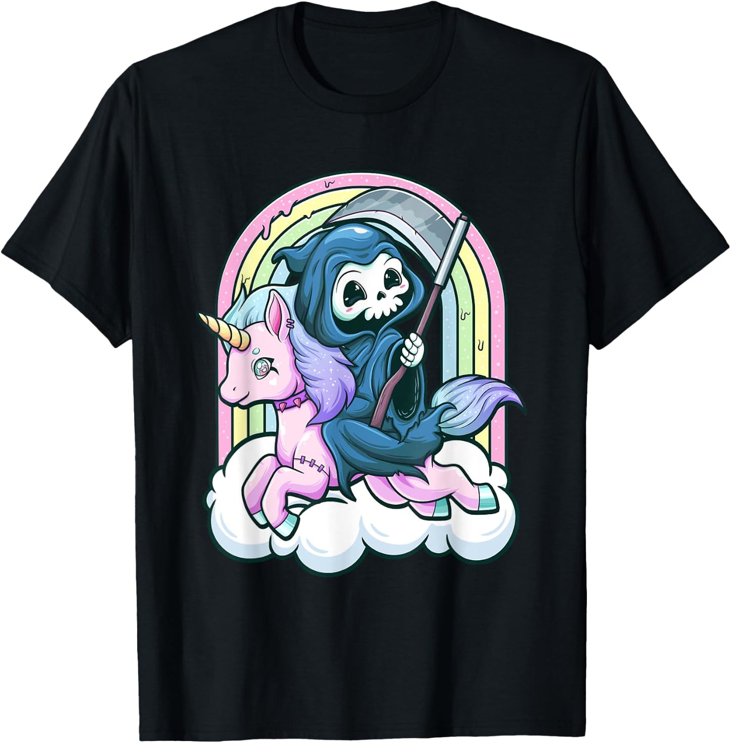 Kawaii Pastel Goth Cute Creepy Unicorn Grim Reaper T-Shirt - T-Shirt | Black