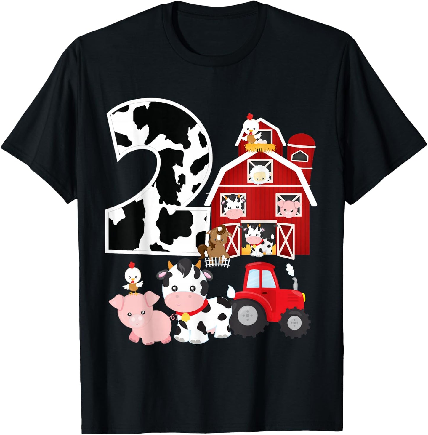 Farm Barnyard Theme Pig Cow Horse 2nd Birthday 2 Yrs Old T-Shirt - T-Shirt | Black