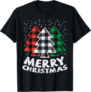 Green White Red Buffalo Plaid Merry Christmas Trees Gift T-Shirt - T-Shirt | Black