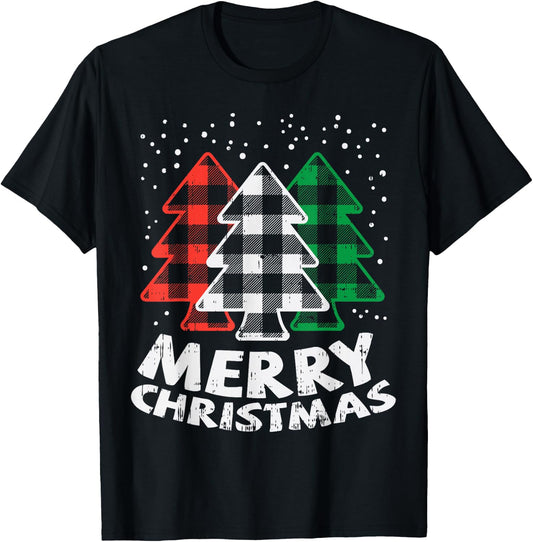 Green White Red Buffalo Plaid Merry Christmas Trees Gift T-Shirt - T-Shirt | Black