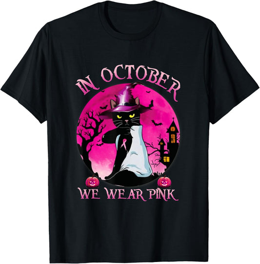 Black Cat In October We Wear Pink Funny Halloween Gifts T-Shirt - T-Shirt | Black