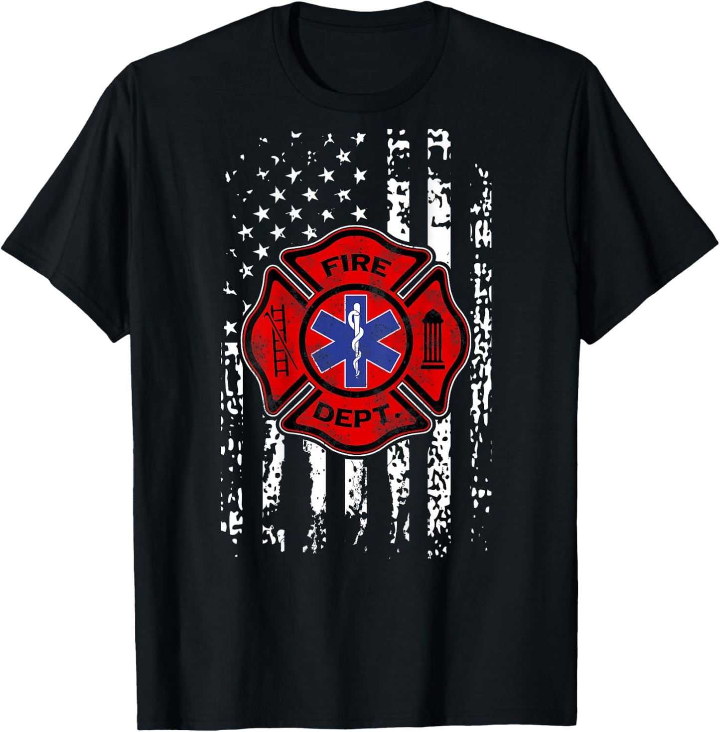 EMT Firefighter Shirt Fireman EMS USA Flag Gift Back Print T-Shirt - T-Shirt | Black