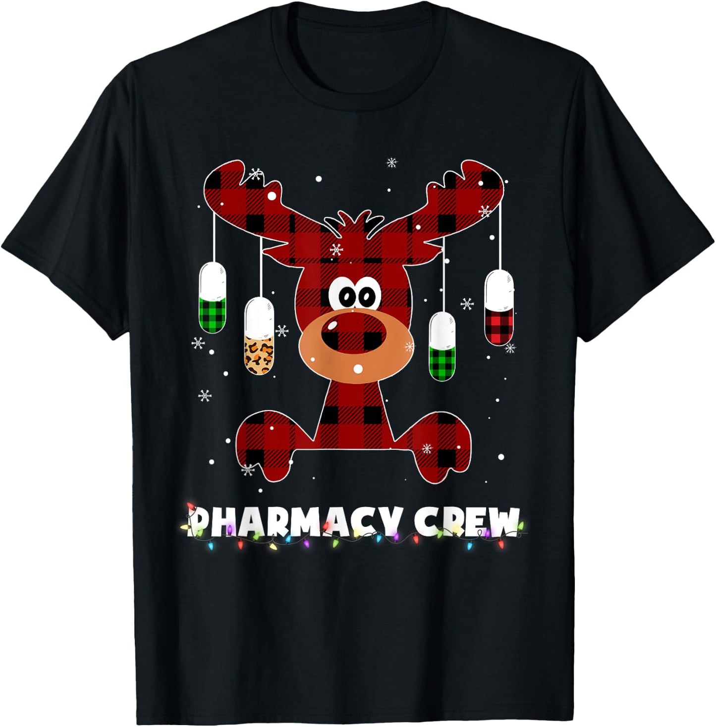 Funny Red Plaid Reindeer Pharmacy Crew Christmas Gift T-Shirt - T-Shirt | Black