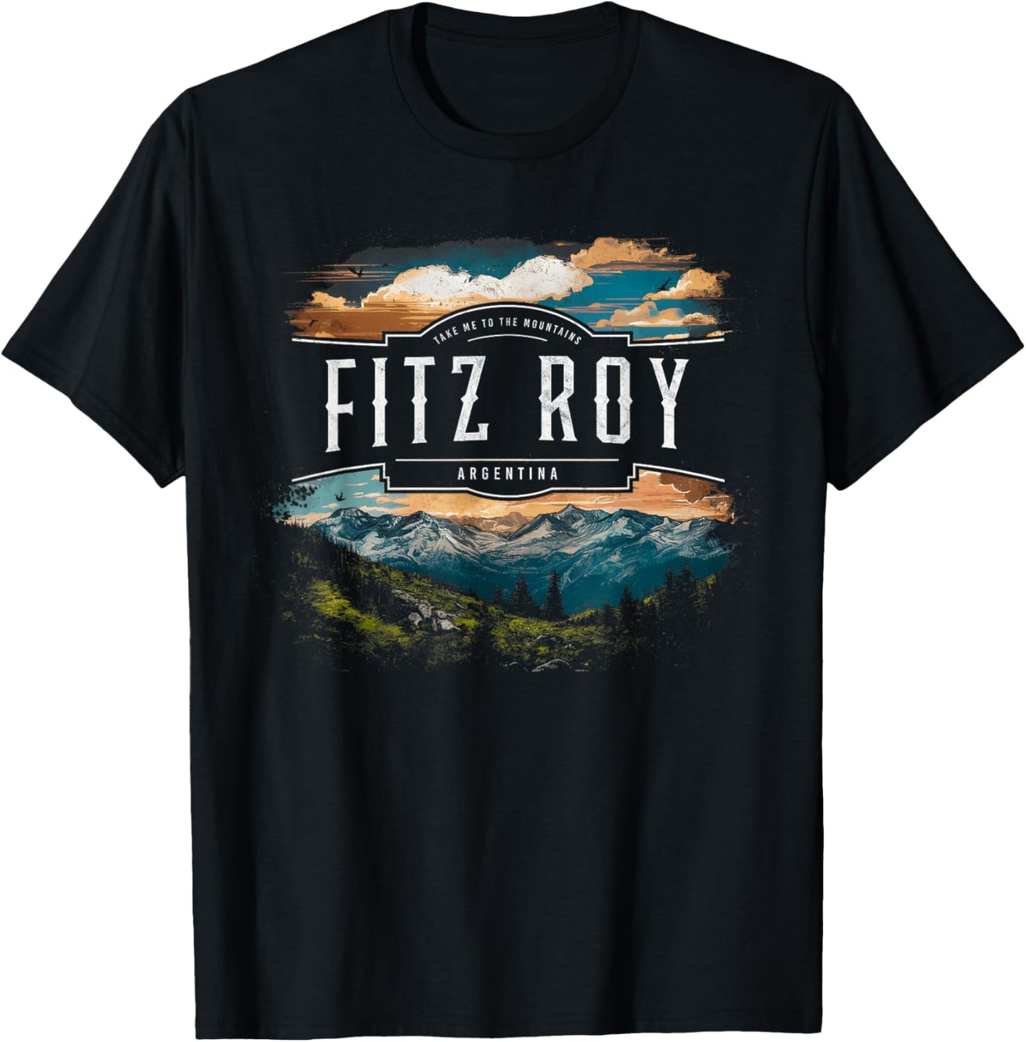 Fitz Roy Mountains Argentina Hiking Outdoors Vintage T-Shirt - T-Shirt | Black