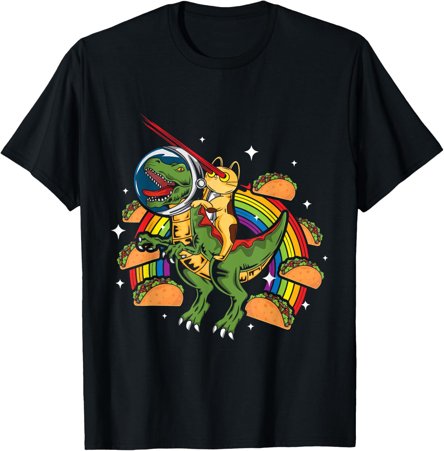 Crazy T-Rex Riding Cat Laser Eye Taco Rainbow Space Dinosaur Women Girls Kids T-Shirt - T-Shirt | Black