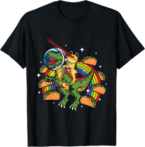 Crazy T-Rex Riding Cat Laser Eye Taco Rainbow Space Dinosaur Women Girls Kids T-Shirt - T-Shirt | Black