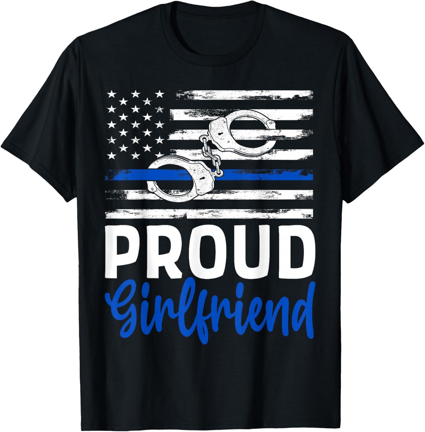 Proud Girlfriend Police Officer American Flag Girlfriend T-Shirt - T-Shirt | Black