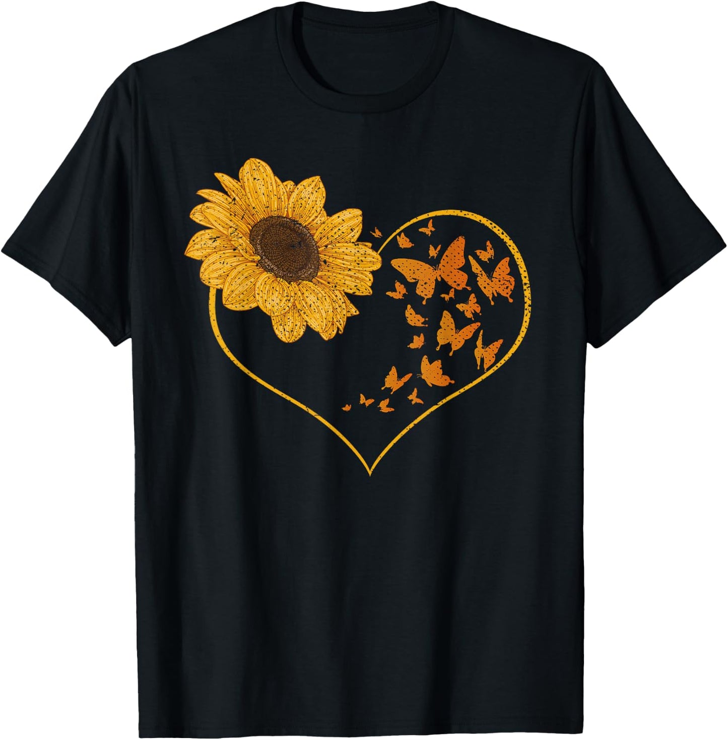 Butterfly Yellow Flowers Heart Hippie Sunflower T-Shirt - T-Shirt | Black