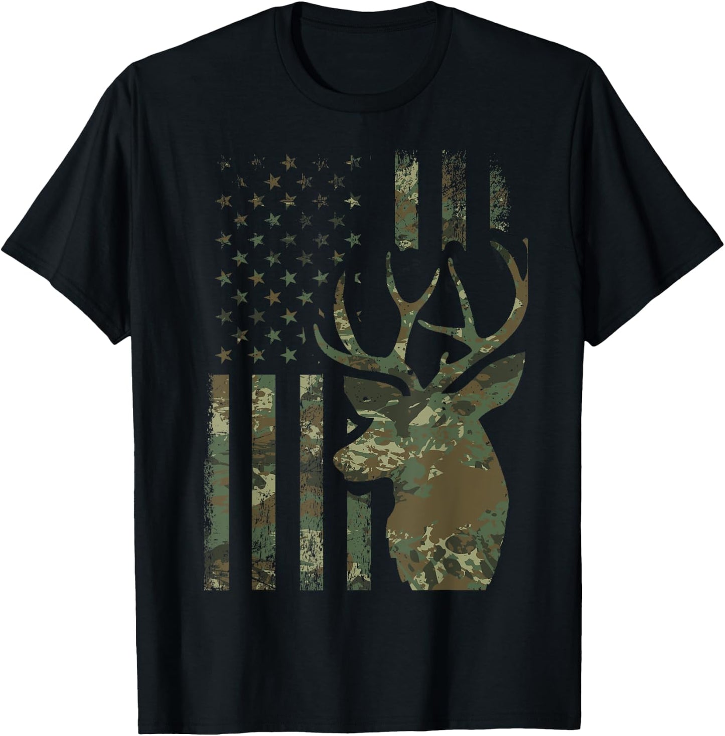 Camo American Flag Buck Hunting Gift Elk Deer Hunter Men T-Shirt - T-Shirt | Black