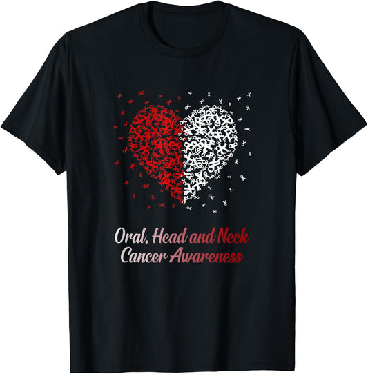 Burgundy White Heart Ribbon Oral Head Neck Cancer Awareness T-Shirt - T-Shirt | Black