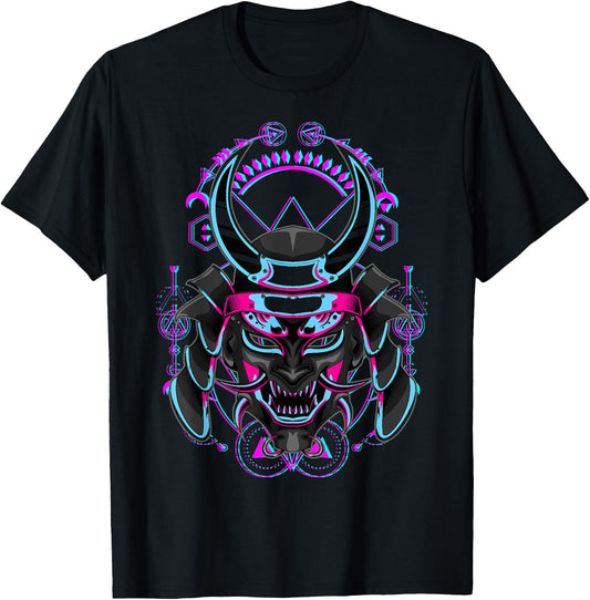 Japanese Demon Samurai Oni Face Mask Glitch T-Shirt - T-Shirt | Black