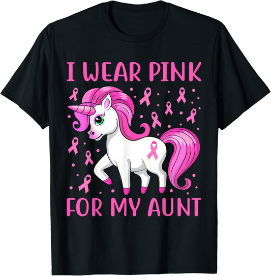 Unicorn Pink Ribbon I Wear Pink For My Aunt Breast Cancer T-Shirt - T-Shirt | Black