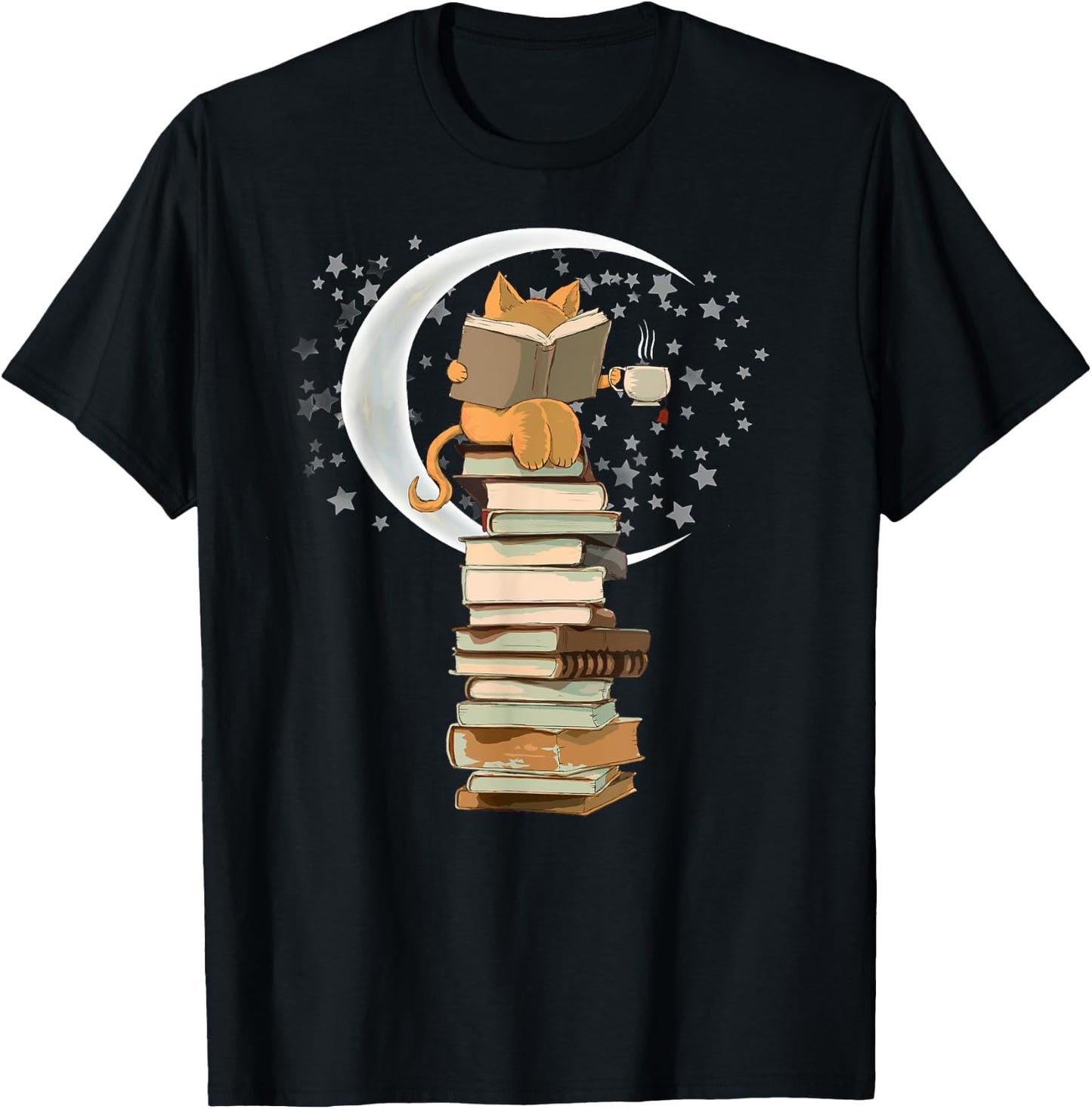 Kawaii Reading by moonlight, books, coffee and cute cat Men Women Girls Kids T-Shirt - T-Shirt | Black