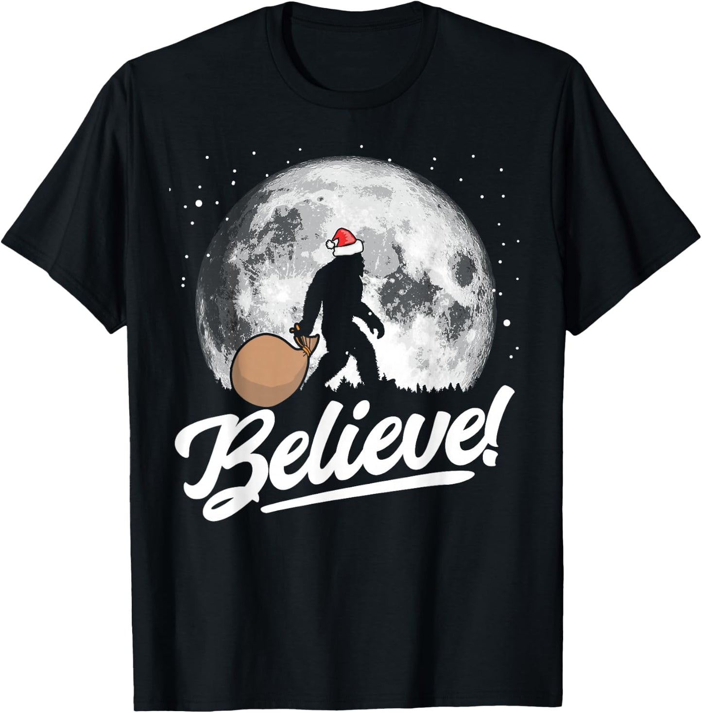 Believe! Santa Bigfoot Christmas Snow & Moon Night Graphic T-Shirt - T-Shirt | Black