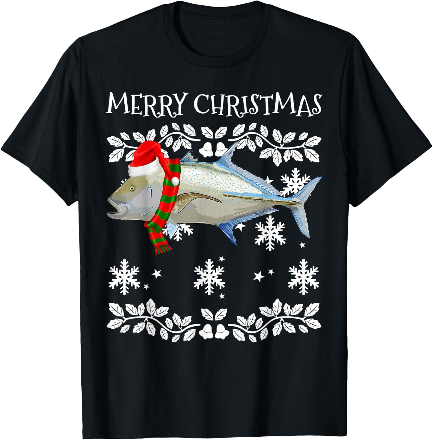 Fish Merry Christmas Ornament Bluefin Trevally Ugly Xmas T-Shirt - T-Shirt | Black