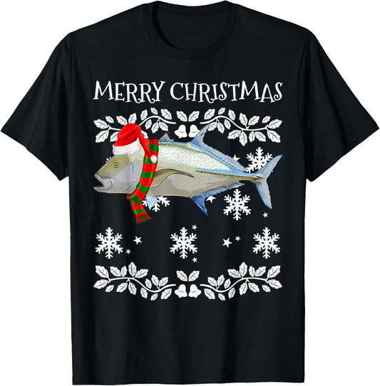 Fish Merry Christmas Ornament Bluefin Trevally Ugly Xmas T-Shirt - T-Shirt | Black