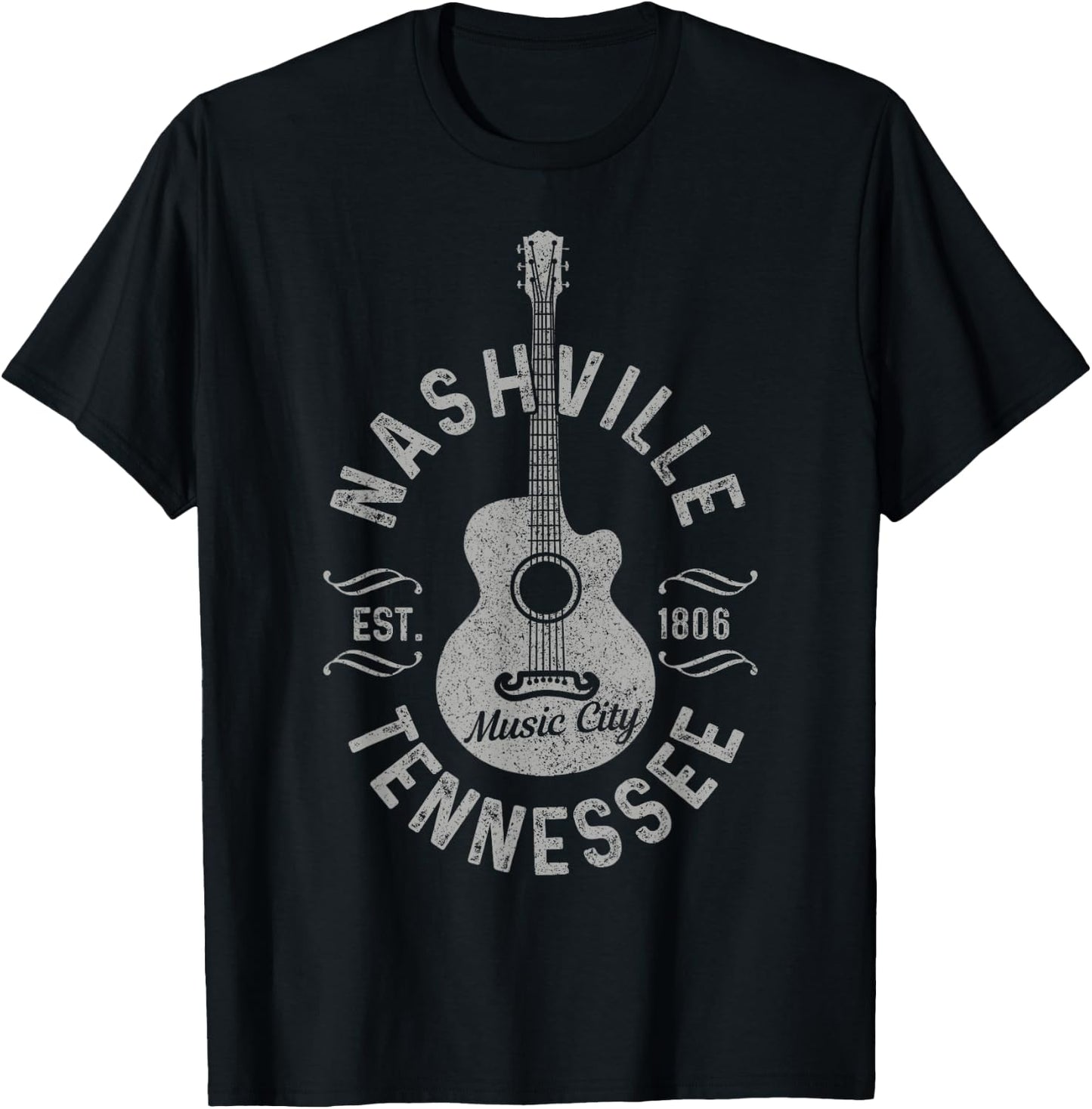 Nashville Tennessee Vintage Guitar Country Music City T-Shirt - T-Shirt | Black