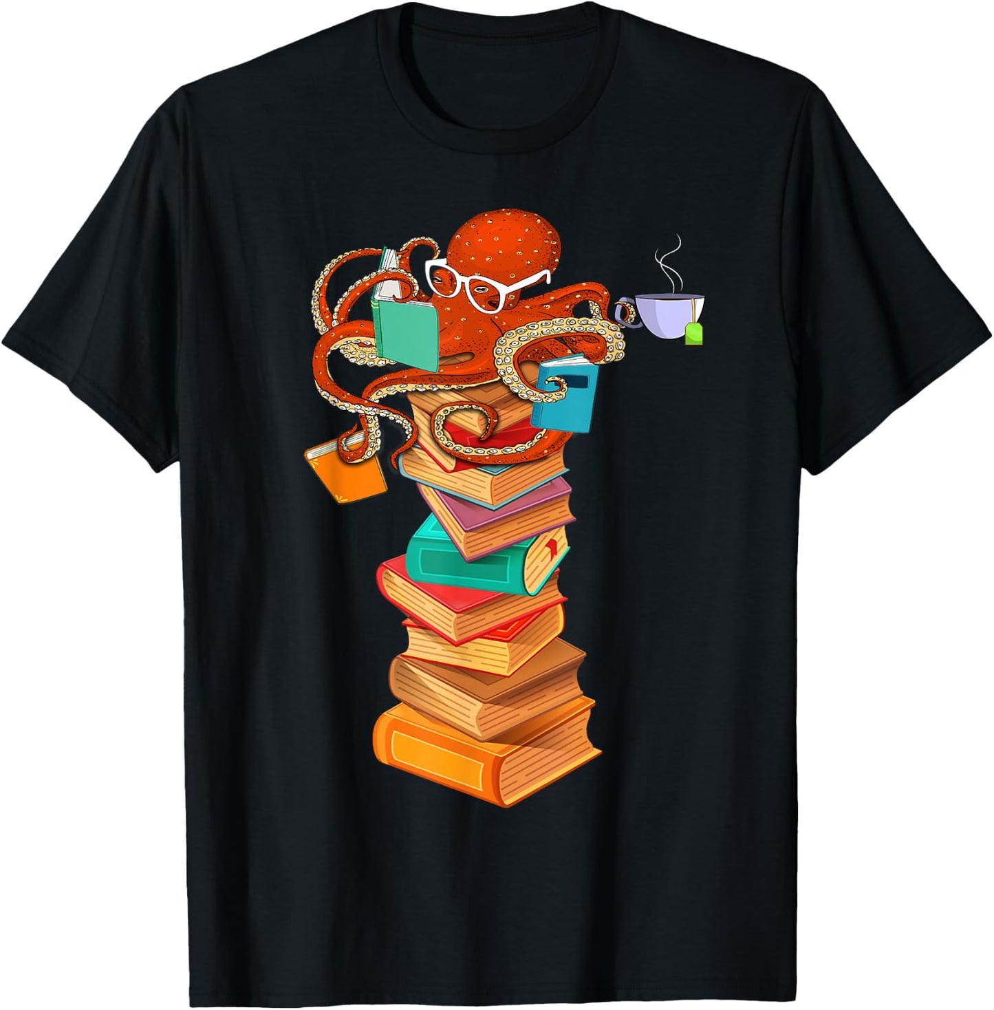 Reading Octopus Tea Coffee Book Lover Bookworm Reader Funny T-Shirt - T-Shirt | Black
