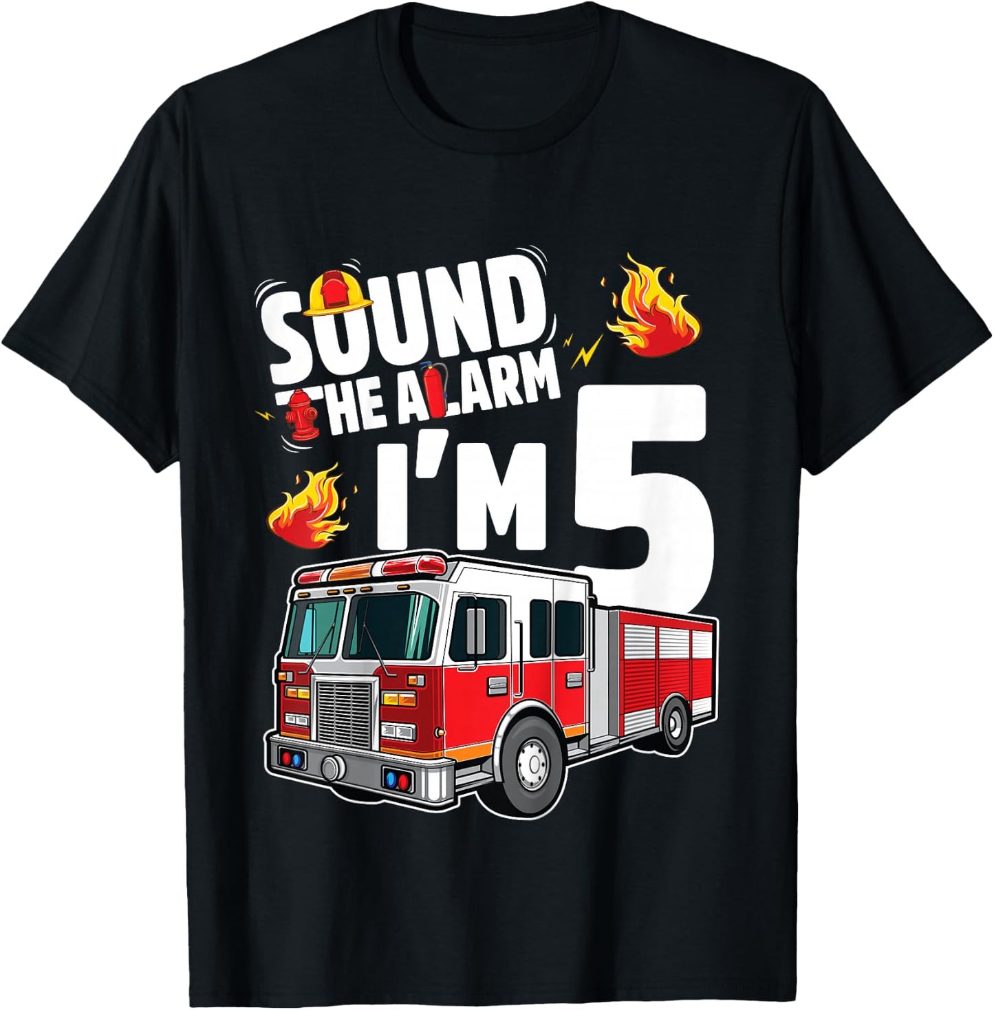 Fire Truck 5th Birthday Boy Firefighter 5 Year Old T-Shirt - T-Shirt | Black