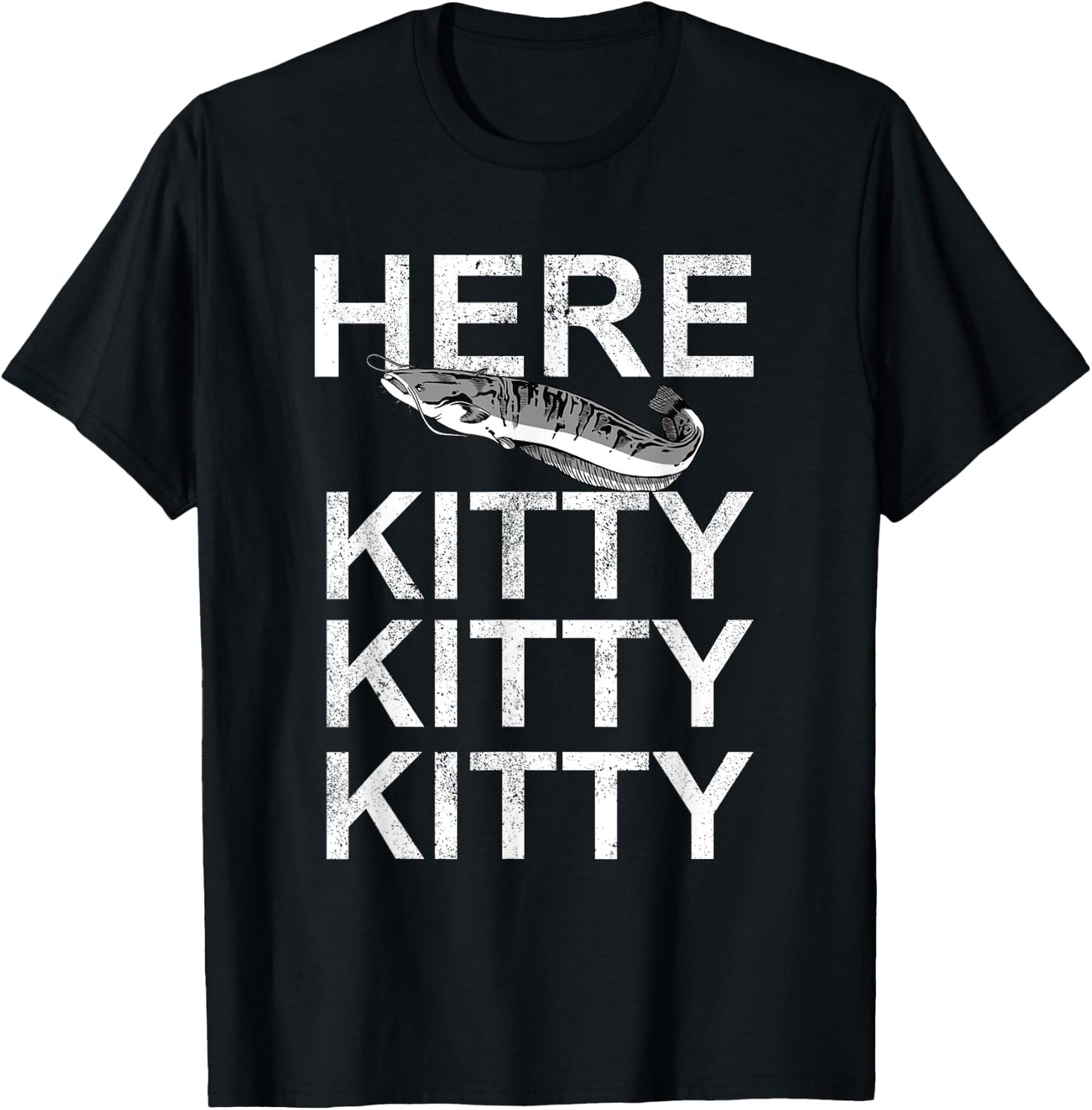 Here Kitty | Cat Fisherman Angler Funny Fishing Lover T-Shirt - T-Shirt | Black