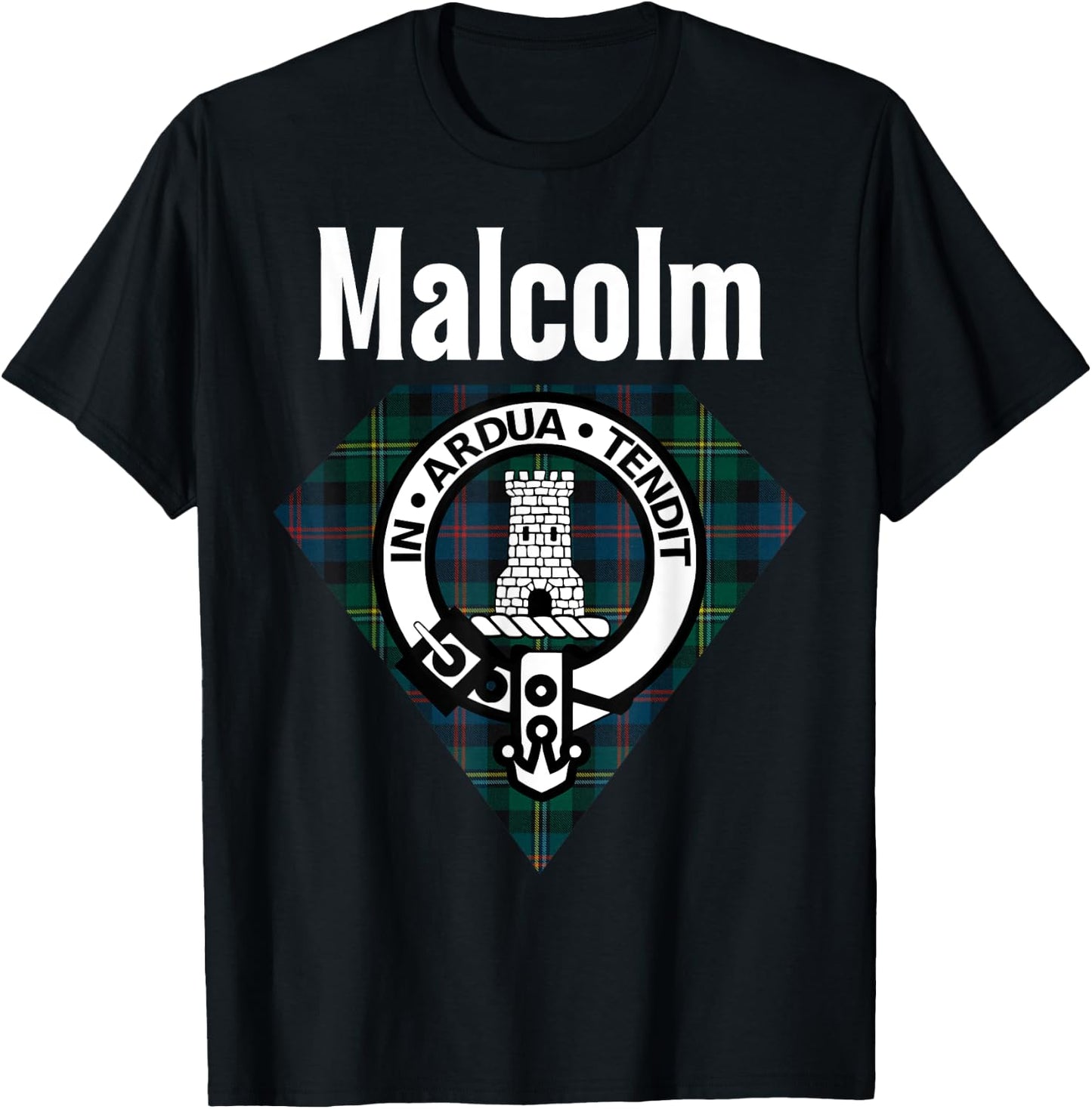 Malcolm Clan Scottish Name Coat Of Arms Tartan T-Shirt - T-Shirt | Black