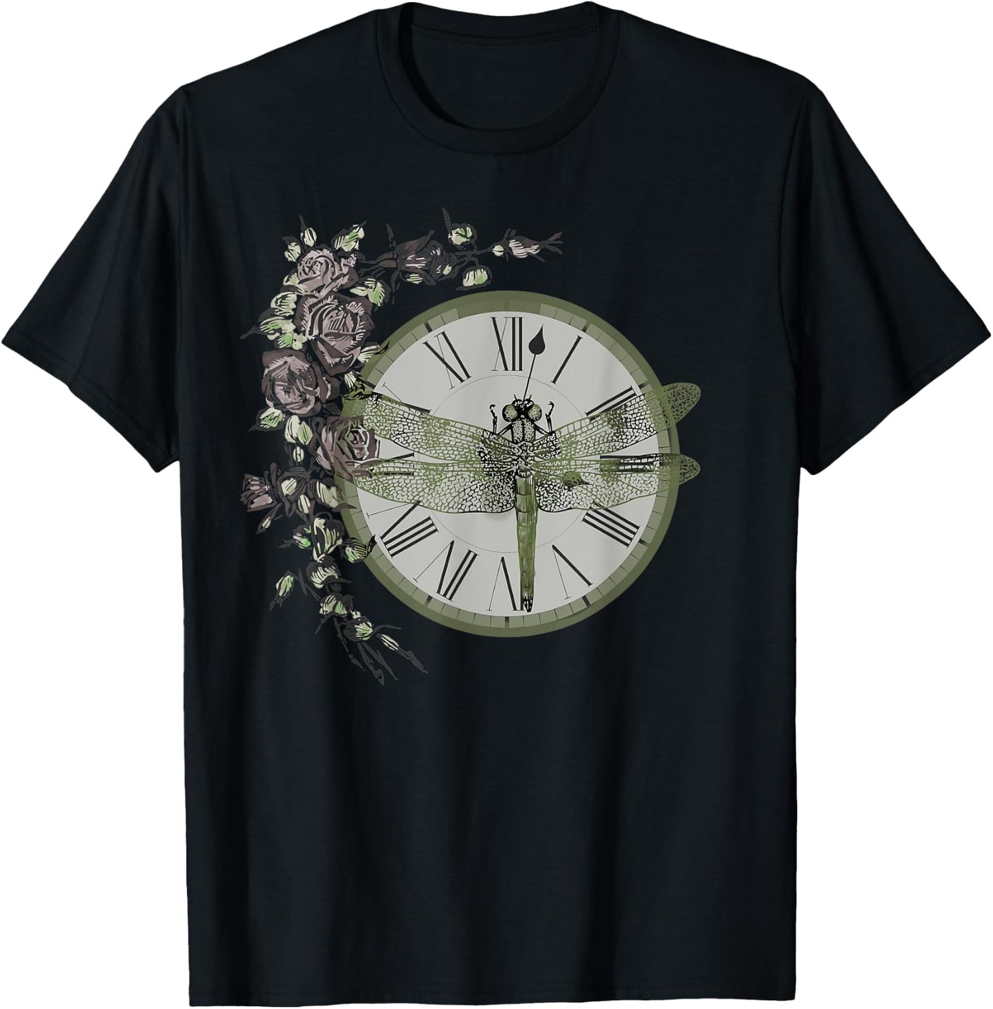 Dragonfly Resting on a Vintage Clock Adorned with Roses T-Shirt - T-Shirt | Black
