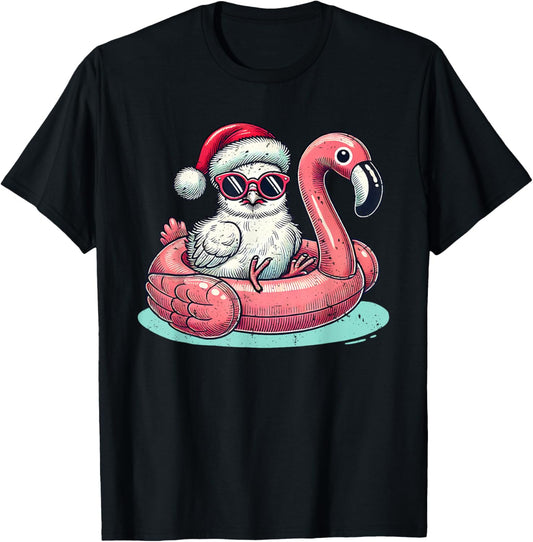 Christmas in July Silkie Chicken Mom Santa Flamingo Floatie T-Shirt - T-Shirt | Black