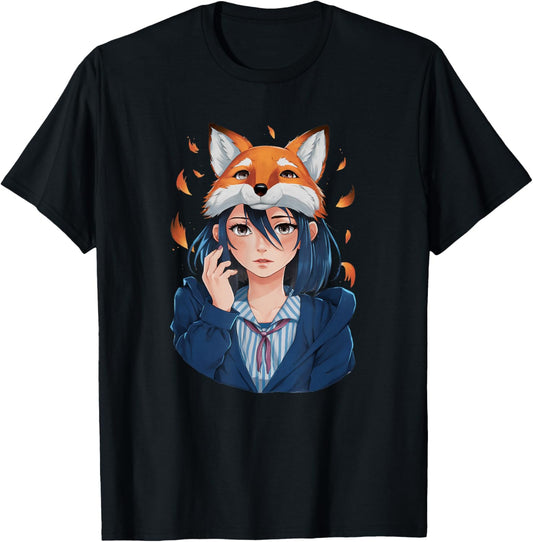 Anime Girl Therian Fox Mask T-Shirt - T-Shirt | Black