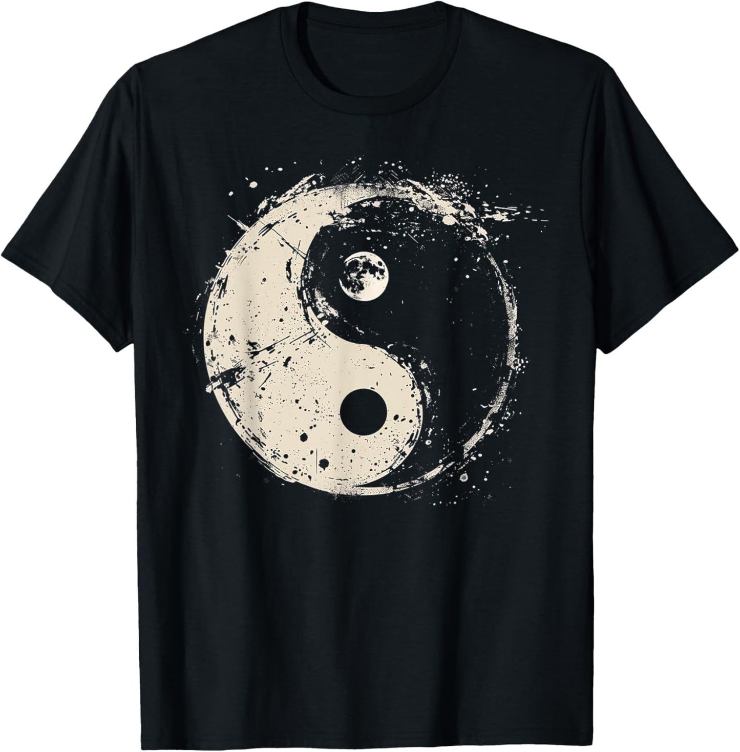 Distressed Yin Yang Moon Balance Spiritual Design T-Shirt - T-Shirt | Black