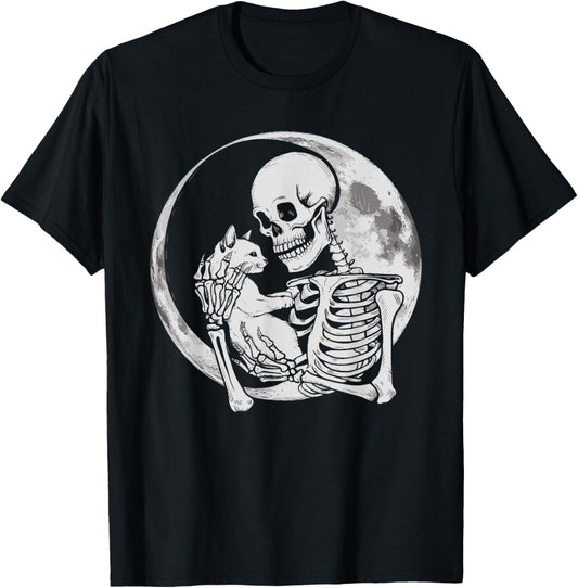Skeleton Holding Cat Feline Women Kids T-Shirt - T-Shirt | Black
