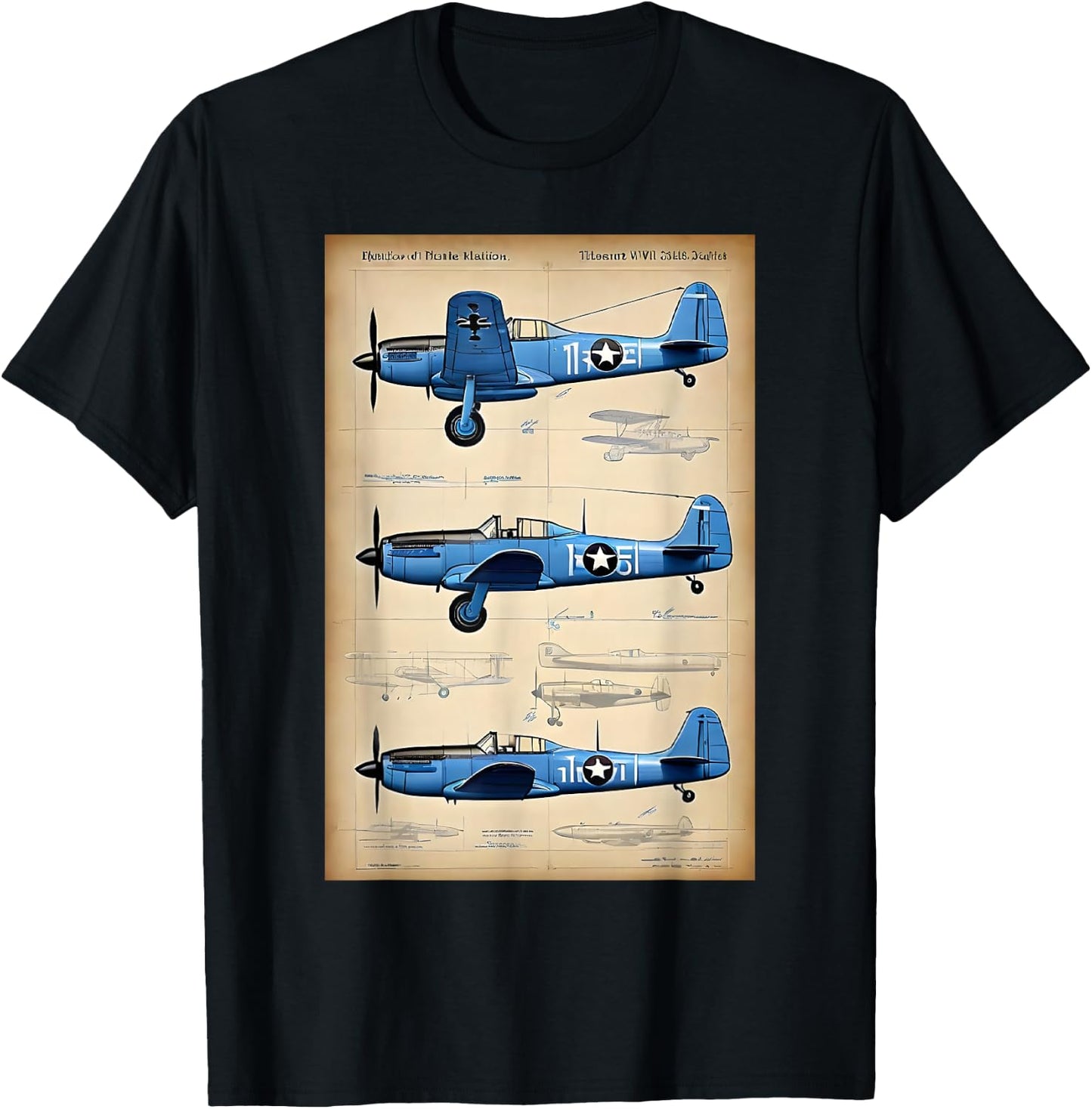 WW2 Military Aircraft Technical Drawing T-Shirt - T-Shirt | Black