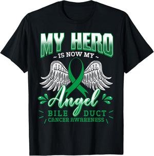 My Hero Is Now My Angel Bile Duct Cancer Awareness Warrior T-Shirt - T-Shirt | Black
