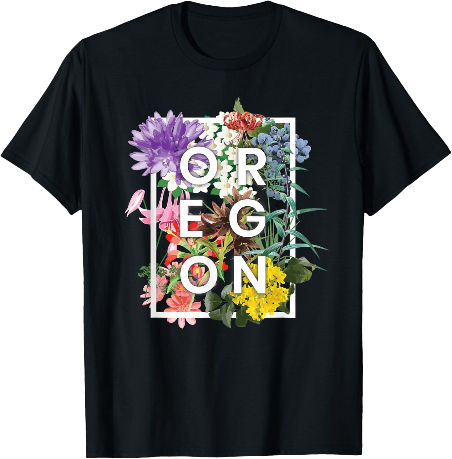 Flowers of Oregon Word Art - Oregon State USA Souvenir T-Shirt - T-Shirt | Black