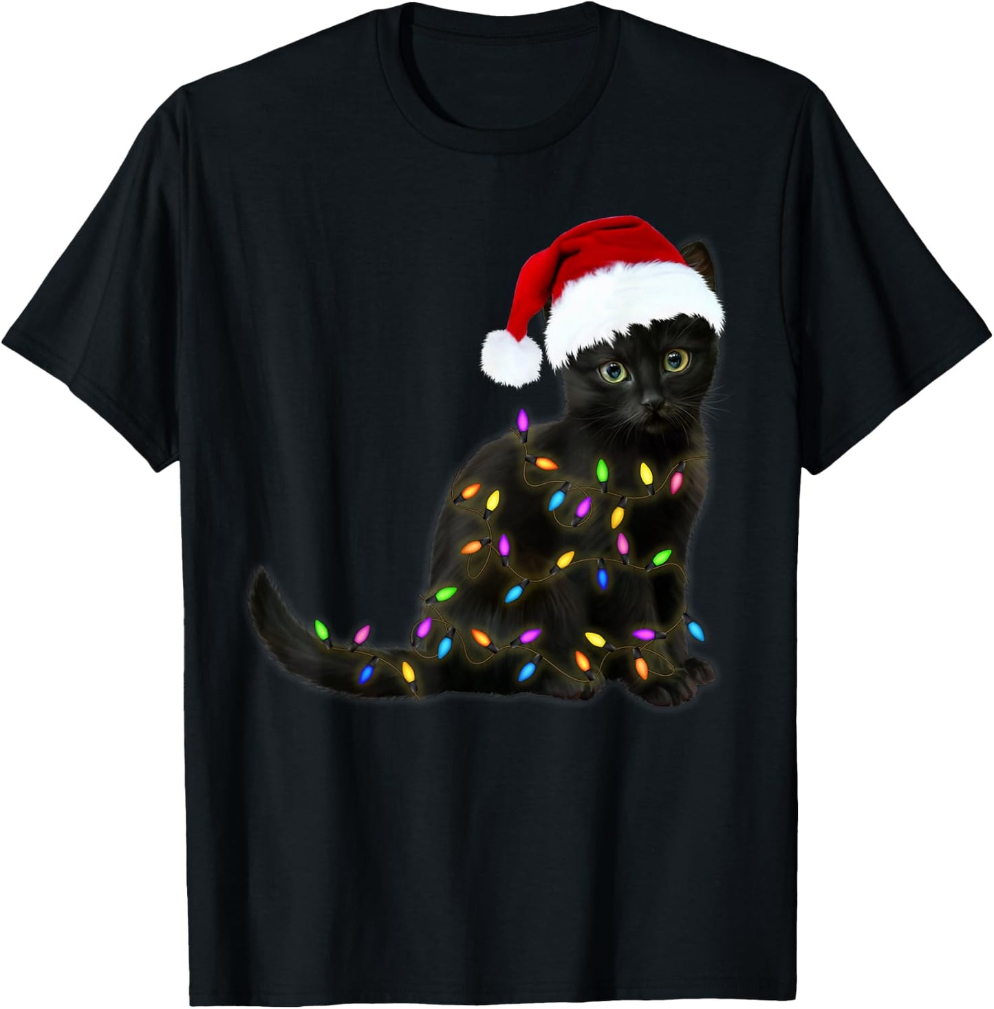 Black Cat with Christmas Light Funny Cat Lover Christmas T-Shirt - T-Shirt | Black