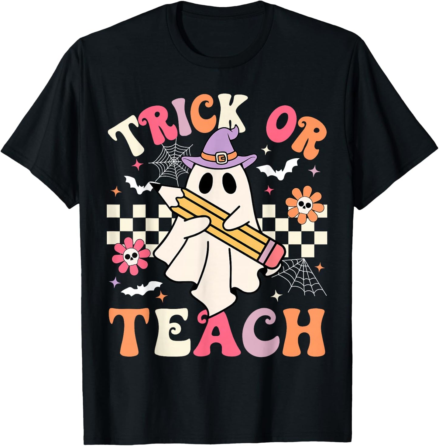 Trick Or Teach Groovy Teacher Halloween Retro Floral Ghost T-Shirt - T-Shirt | Black