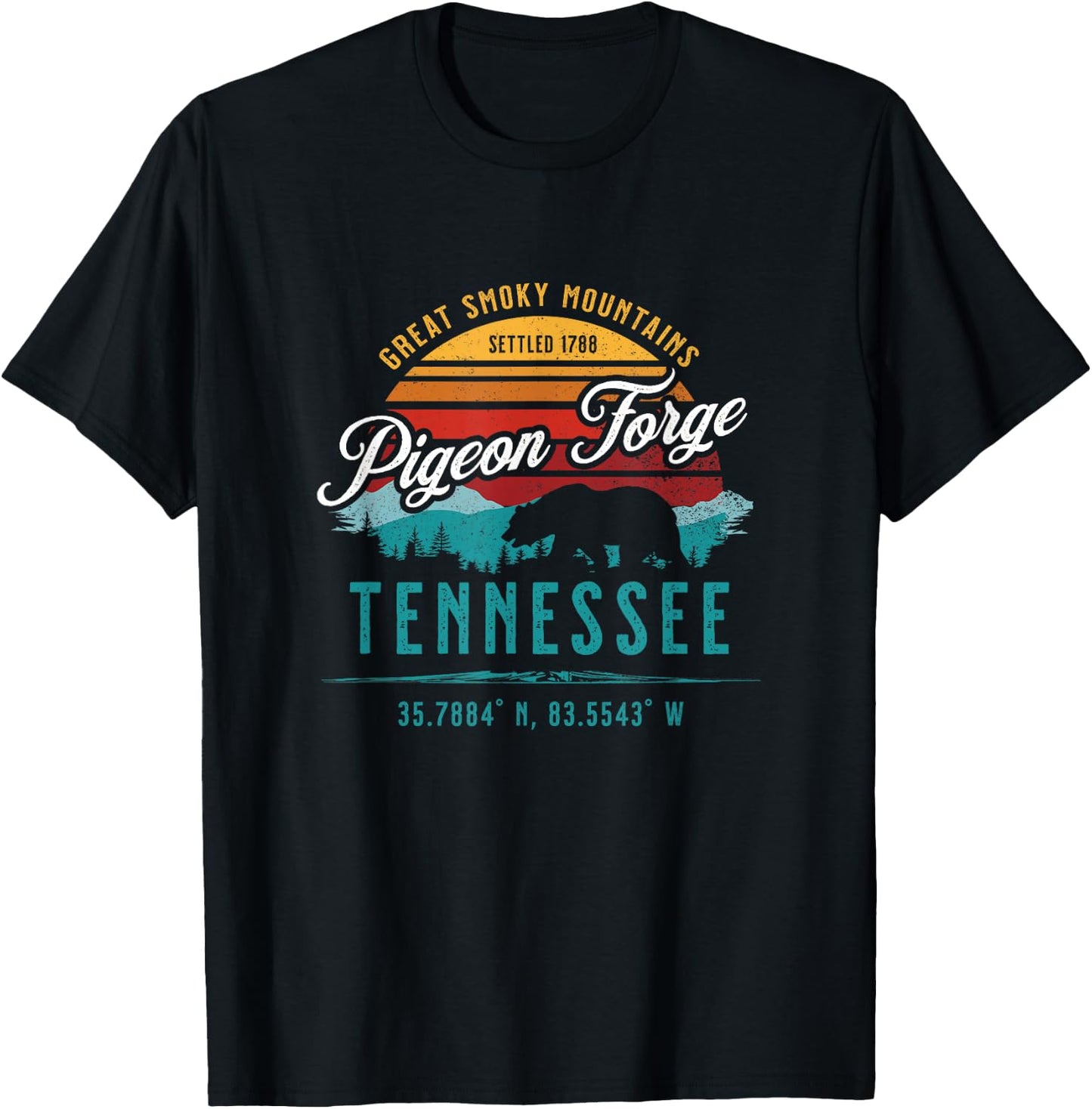 Pigeon Forge Tennessee Great Smoky Mountains Bear Retro Sun T-Shirt - T-Shirt | Black