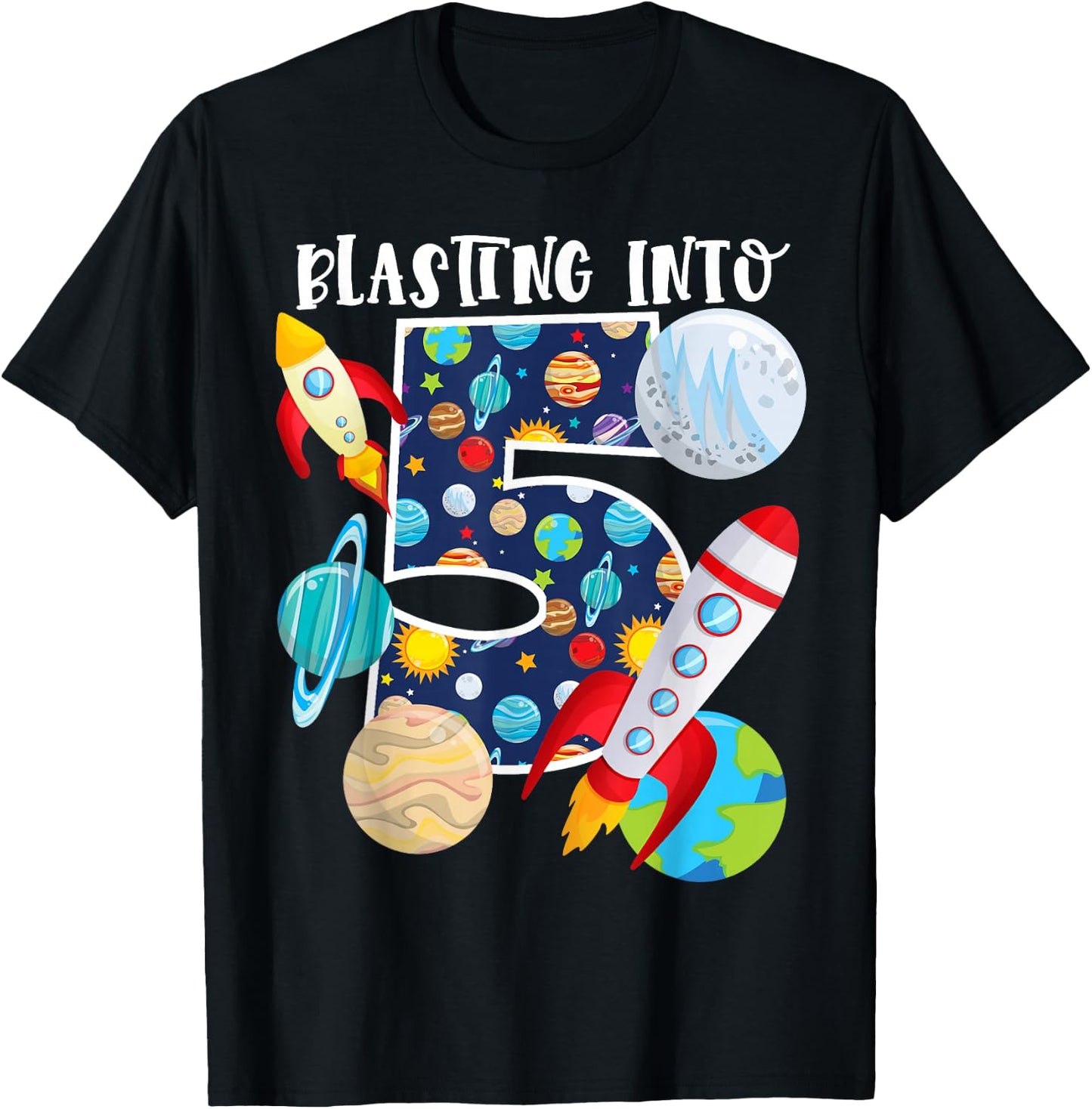 Blasting Into Outer Space 5 Year Old 5th Birthday Party Kids T-Shirt - T-Shirt | Black