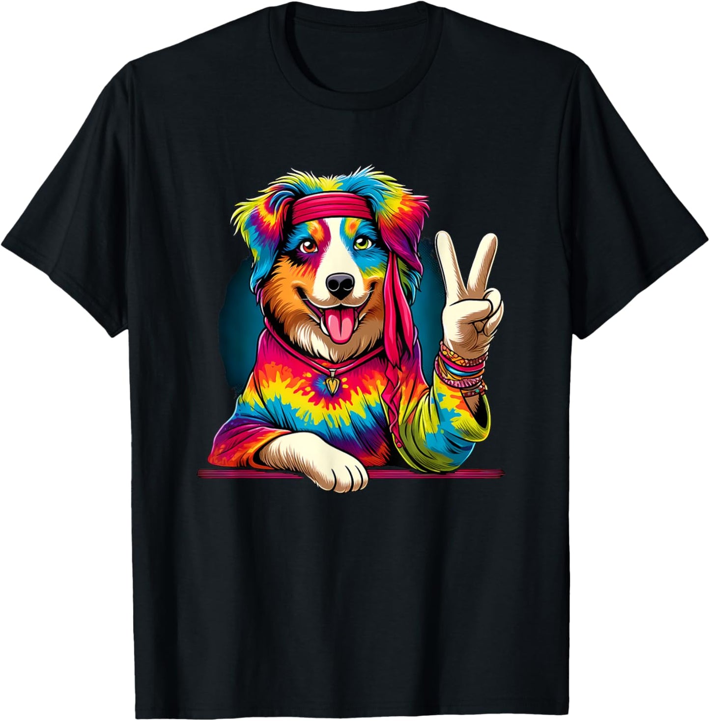 Peace Sign Tie Dye Australian Shepherd dog T-Shirt - T-Shirt | Black
