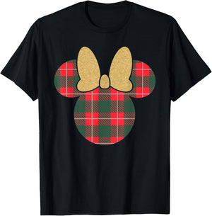 Disney Minnie Mouse Icon Holiday Plaid & Gold Bow T-Shirt - T-Shirt | Black