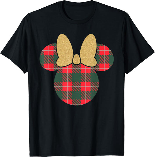 Disney Minnie Mouse Icon Holiday Plaid & Gold Bow T-Shirt - T-Shirt | Black