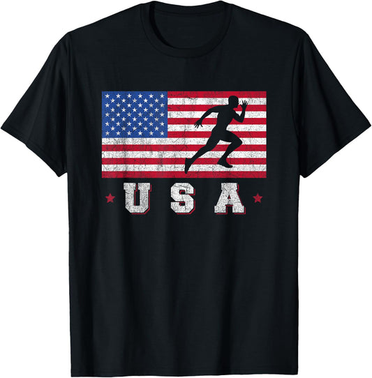 Patriotic Sports Gift American USA Flag Track And Field T-Shirt - T-Shirt | Black
